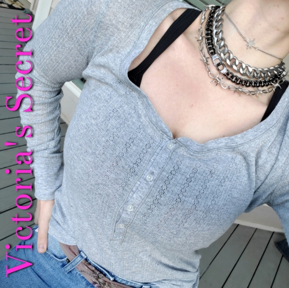 Victoria's Secret Heather Grey Metallic Knit Long-sleeve Layering Henley Top